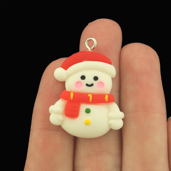 4 Snowman Resin Charms - Red, White and Green - K716