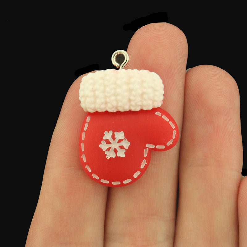 4 Christmas Mitten Resin Charms - Red and White - K717