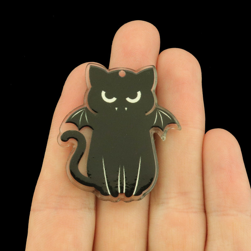 2 Black Cat with Wings Halloween Acrylic Charms 2 Sided - K728