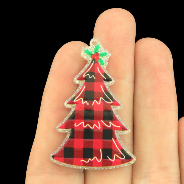 2 Christmas Tree Acrylic Charms - Red Plaid - K735