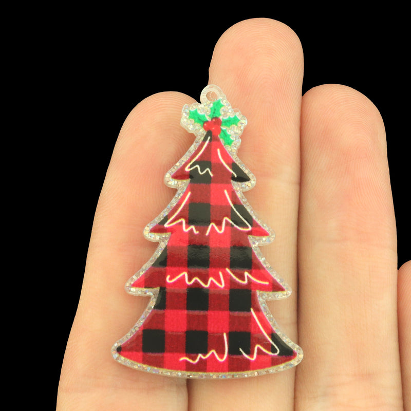 2 Christmas Tree Acrylic Charms - Red Plaid - K735