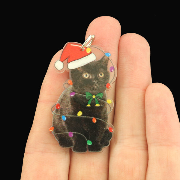 Christmas Lights Black Cat Acrylic Charms - 2 Sided - K738