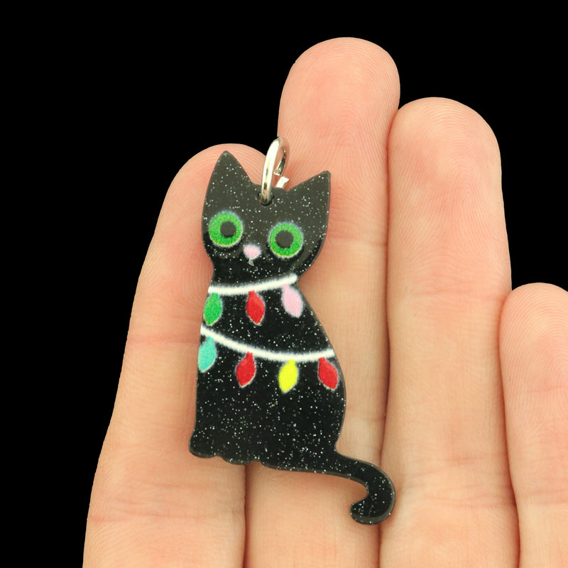 2 Christmas Light Black Cat Acrylic Charms - K740