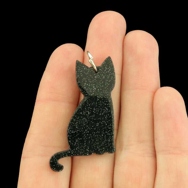 2 Christmas Light Black Cat Acrylic Charms - K740