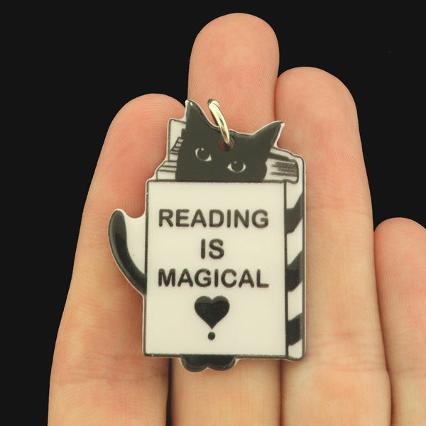 2 Black Cat Acrylic Charms 2 Sided - Reading is Magical - K748