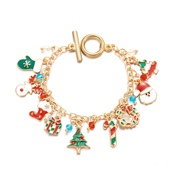 Christmas Bracelet - Gold Tone with Enamel Charms - 6.5" - N832