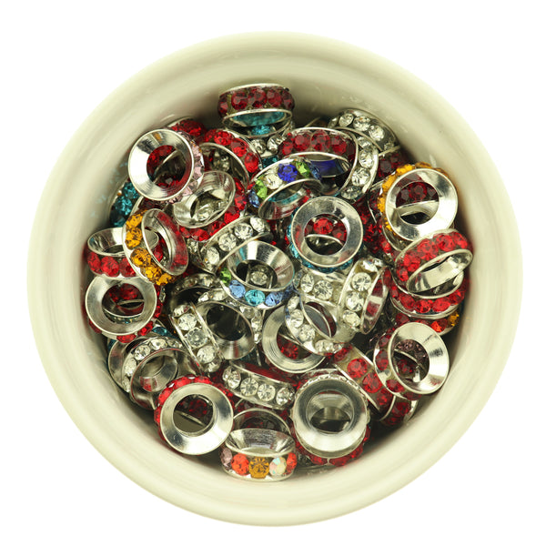 Spacer Metal Beads 15mm - Silver Tone with Inset Multi-Color Rhinestones - 4 Beads - SC1152