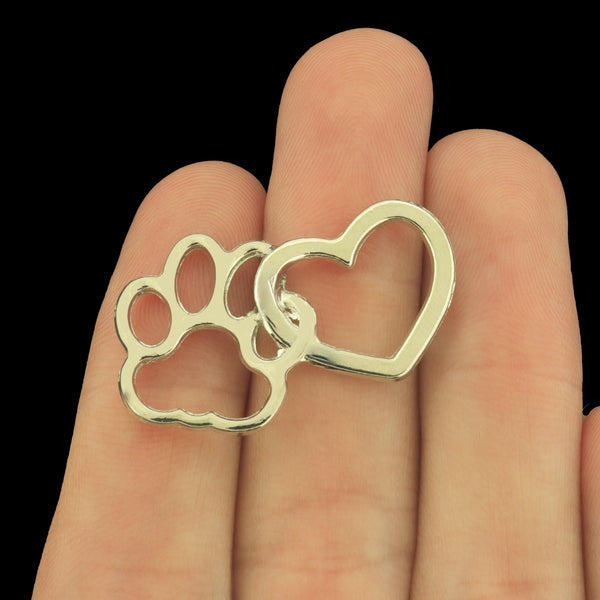 8 Dog Paw and Heart Connectors - Bright Silver Tone - SC9017