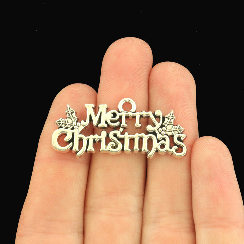 2 Merry Christmas Antique Silver Tone Charms - SC9034