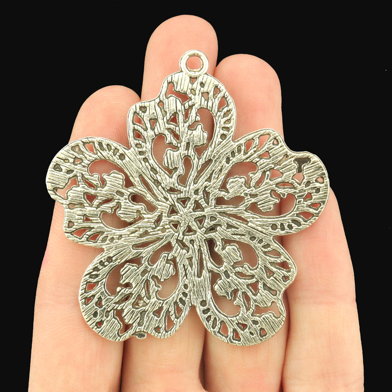 Large Flower Antique Silver Tone Charms - SC9038