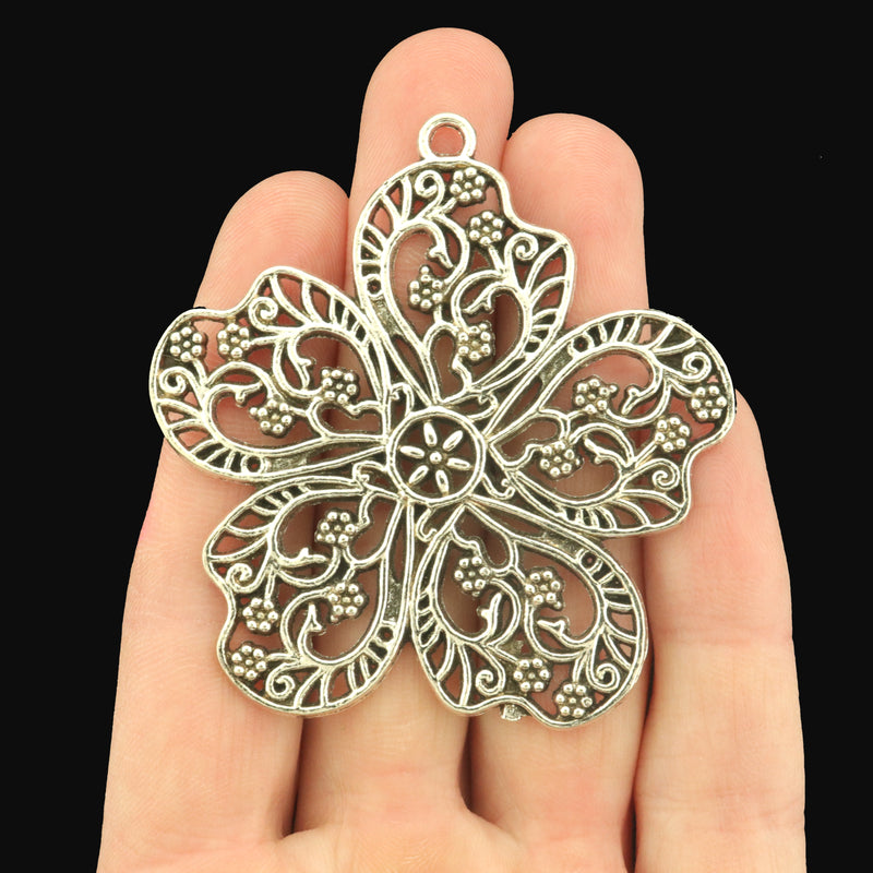 Large Flower Antique Silver Tone Charms - SC9038