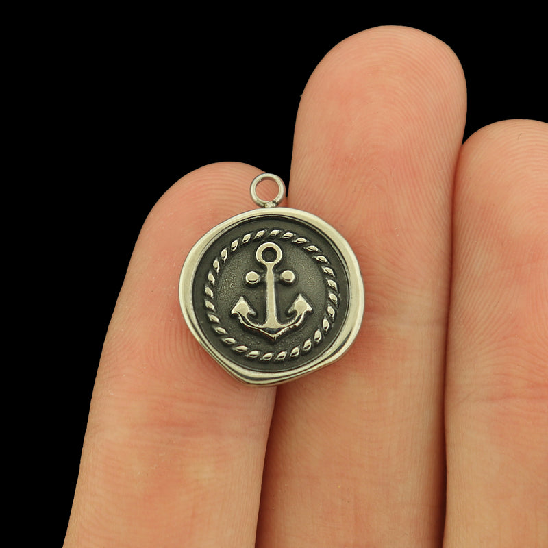 Stainless Steel Anchor Charm - Antique Accents - Flat Round Wax Seal Design