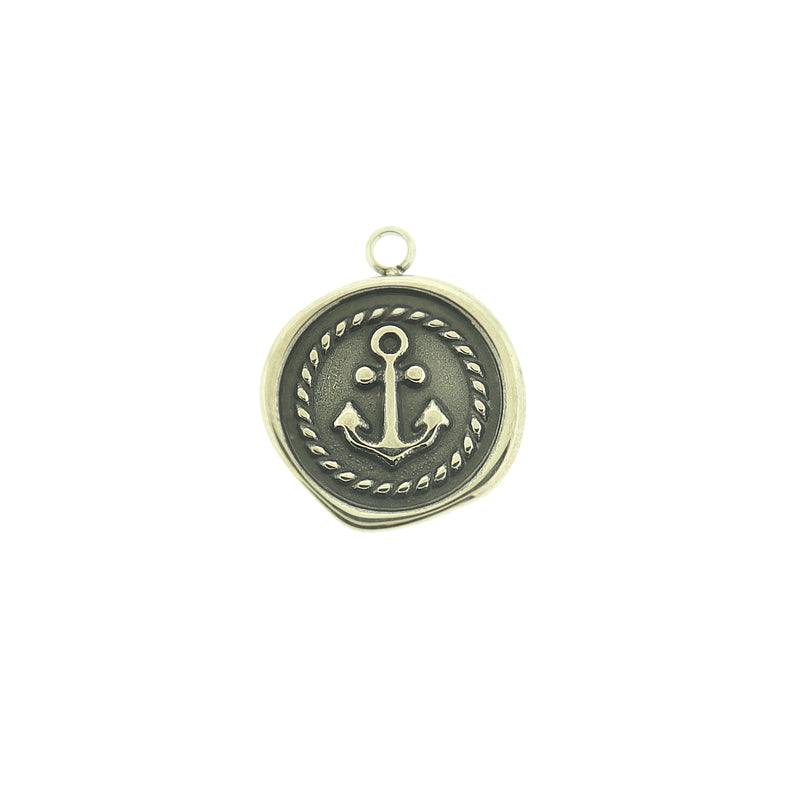 Stainless Steel Anchor Charm - Antique Accents - Flat Round Wax Seal Design