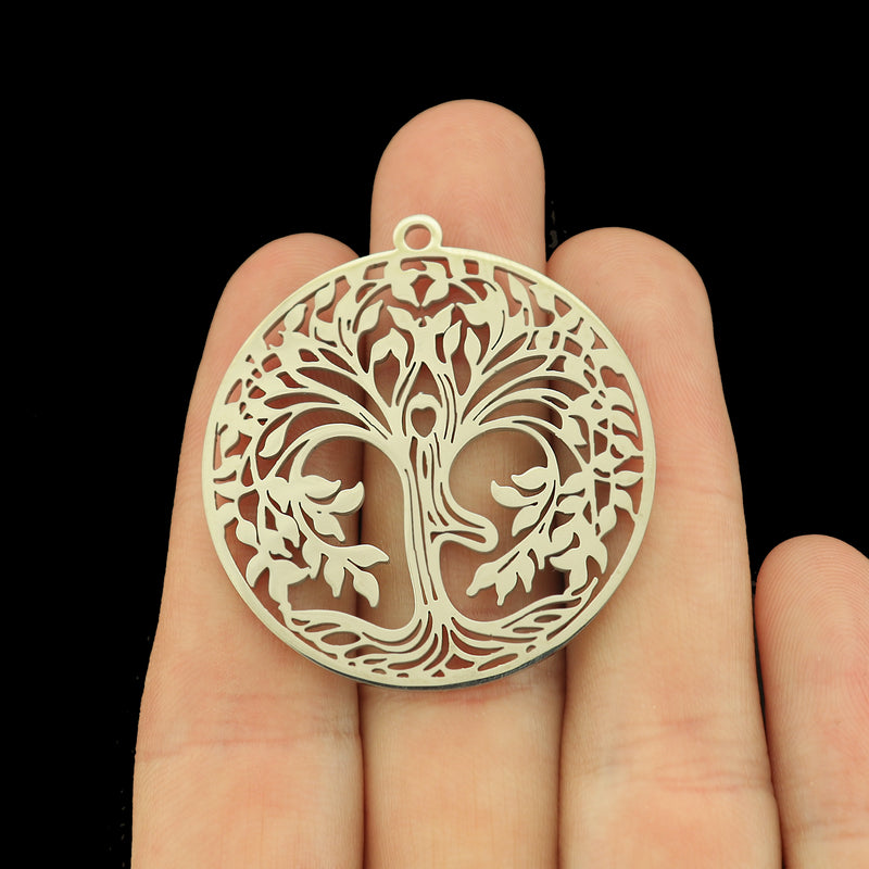 Tree of Life Silver Tone Stainless Steel Charm 2 Sided - SSP743