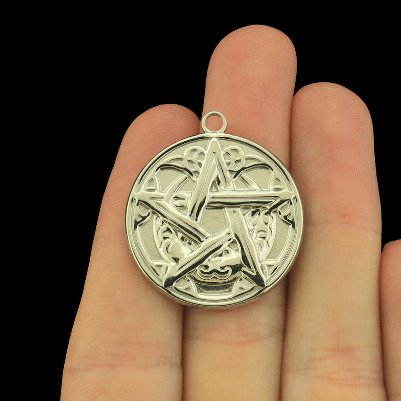 2 Pentagram Silver Tone Stainless Steel Charm - Two Sided - SSP747