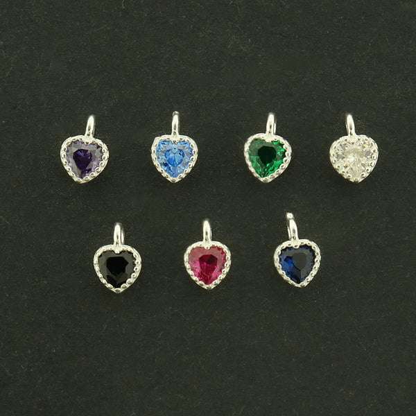 Heart Sterling Silver Charm with Inset Rhinestone - Choose Your Color!