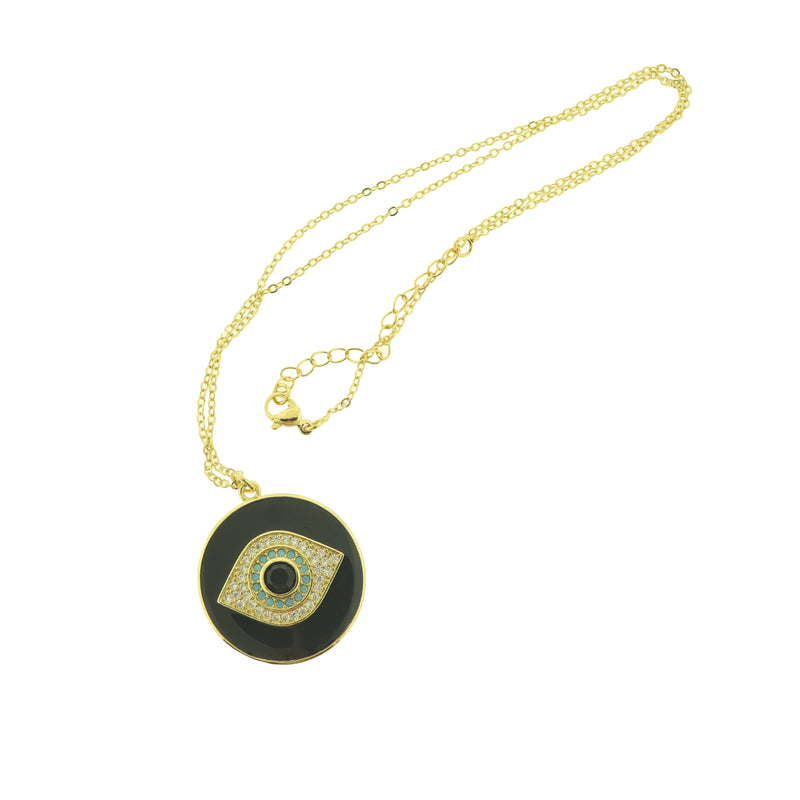 Gold Tone Brass Cable Chain Necklace 16" With Evil Eye Pendant - 1 Necklace - Choose Your Color