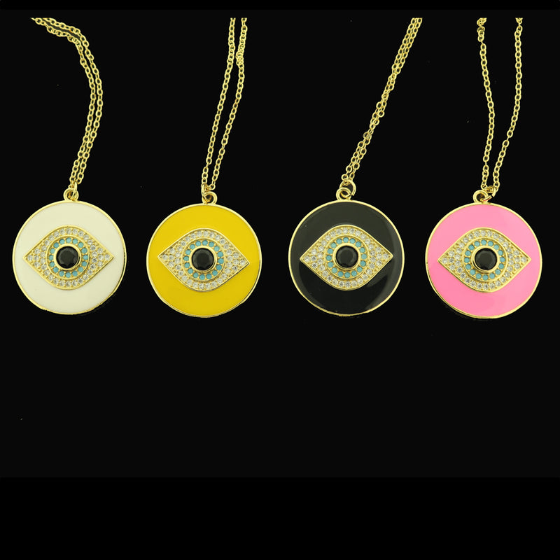 Gold Tone Brass Cable Chain Necklace 16" With Evil Eye Pendant - 1 Necklace - Choose Your Color