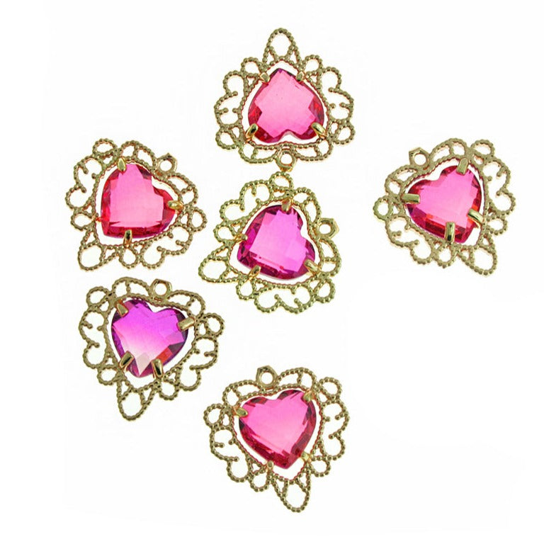 Faceted Glass Filigree Heart Rhinestone Gold Tone Charm - Choose Your Color!