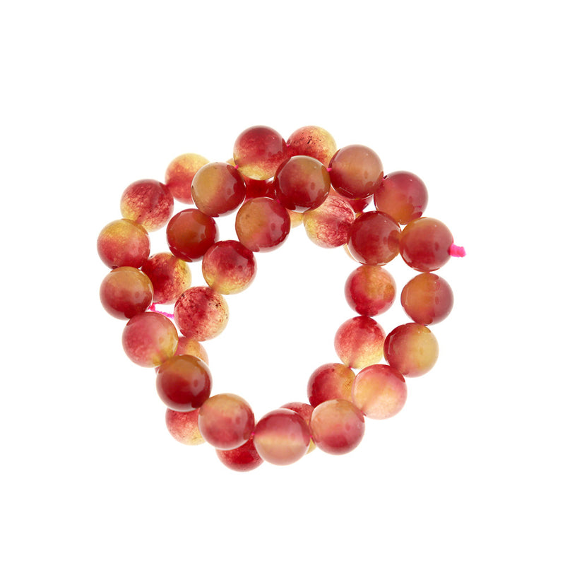 Perles rondes en jade naturel de Malaisie 10 mm - Rouge chiné et jaune - 1 brin 38 perles - BD1671