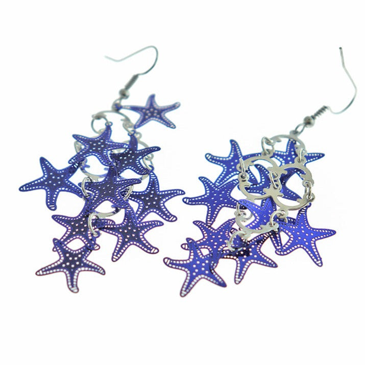 Boucles d'oreilles en acier inoxydable étoile de mer bleue - Style crochet français - 2 pièces 1 paire - ER605