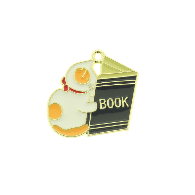 4 Cat Reading a Book Gold Tone Enamel Charms - E545