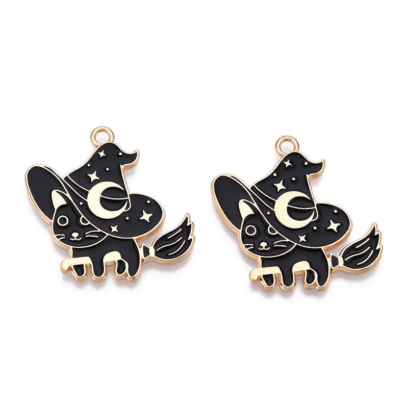 4 Black Cat Gold Tone Enamel Charms - Riding a Broom - E1686