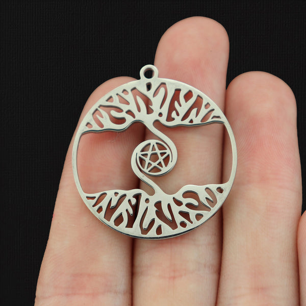 Tree of Life With Pentagram Silver Tone Stainless Steel Charm - SSP565