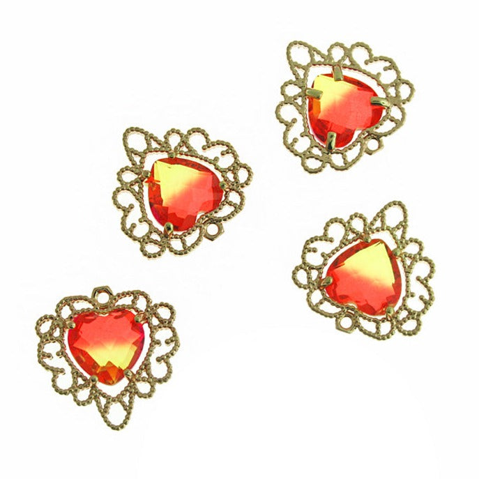 Faceted Glass Filigree Heart Rhinestone Gold Tone Charm - Choose Your Color!