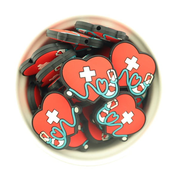 Medical Silicone Focal Beads - Heart and Stethoscope - 5 Beads - BDS089