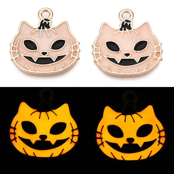 4 Smiling Cat Pumpkin Gold Tone Enamel Charms - Glow in the Dark! - E1687