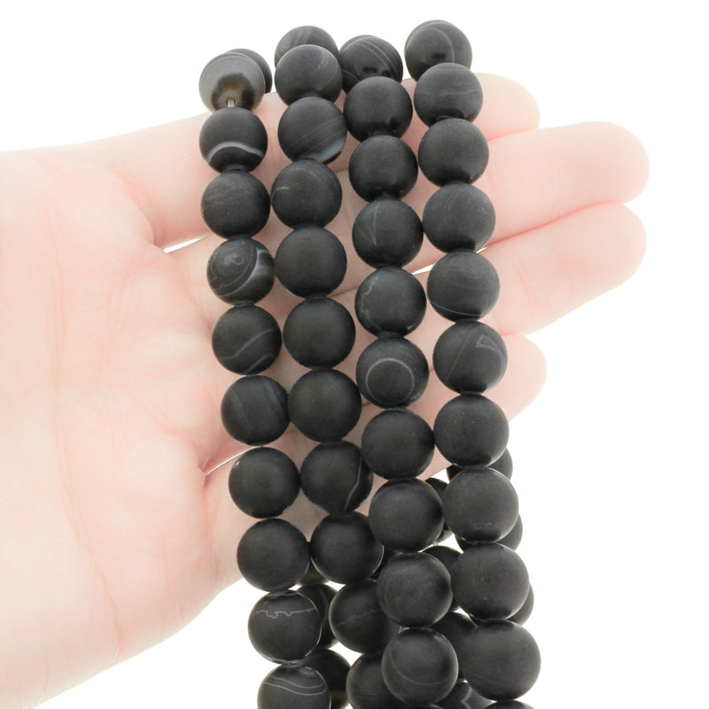 Perles rondes en agate naturelle 6 mm - Noir givré - 1 rang 63 perles - BD572