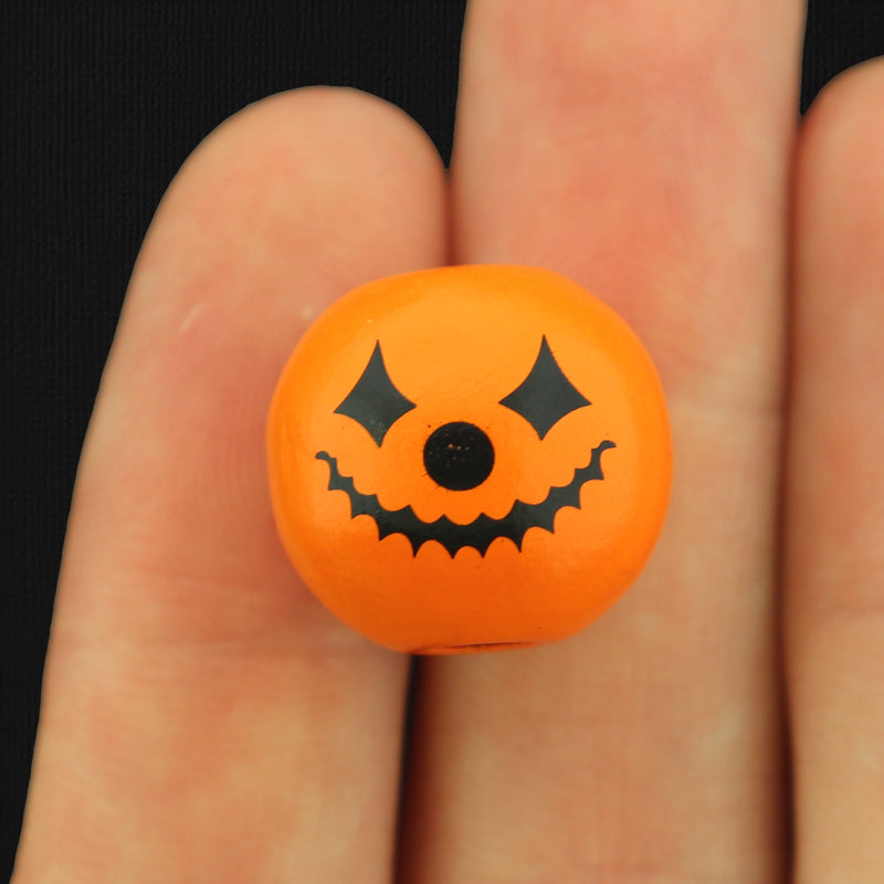 Spacer Wooden Beads 16mm - Orange Jack-O-Lantern - 10 Beads - BD070