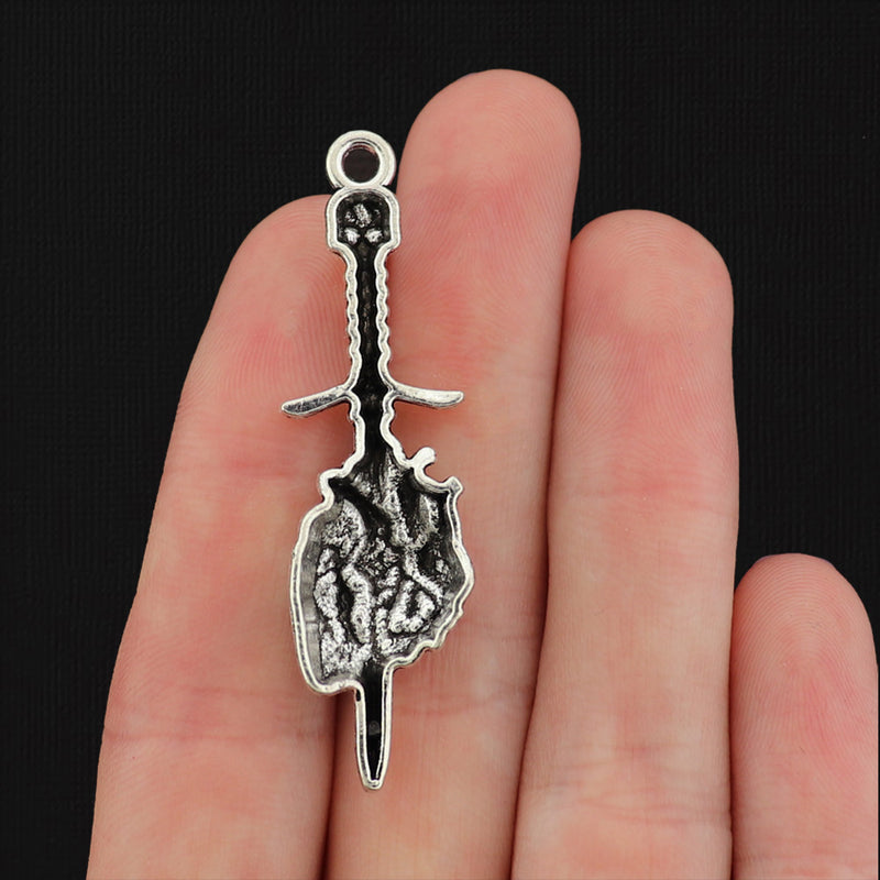 4 Sword with Skull and Anatomical Heart Antique Silver Tone Charms - SC043