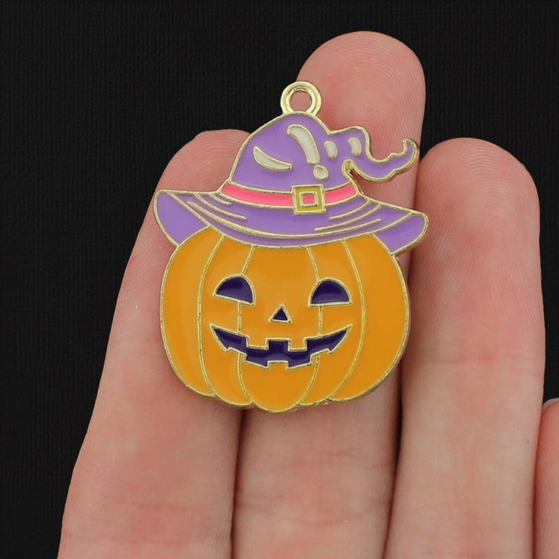 4 Witch Pumpkin Gold Tone Enamel Charms - E066