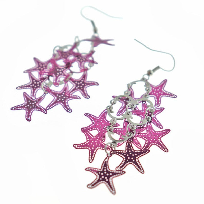 Boucles d'oreilles en acier inoxydable étoile de mer bleue - Style crochet français - 2 pièces 1 paire - ER605