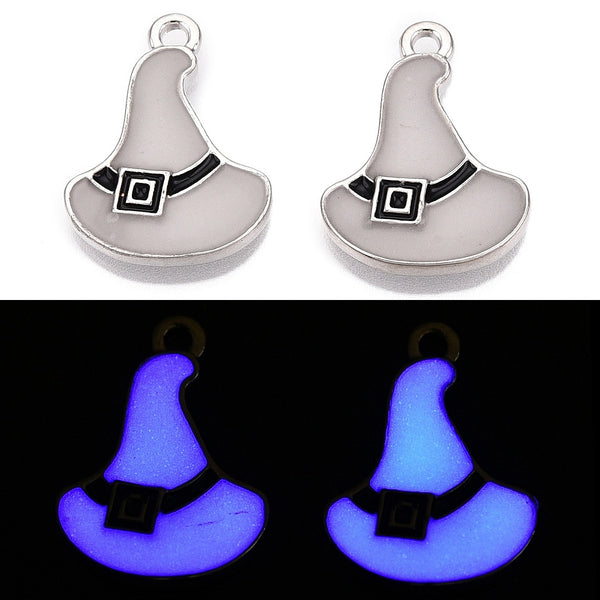 4 Witch Hat Silver Tone Enamel Charms - Glow in the Dark! - E1675