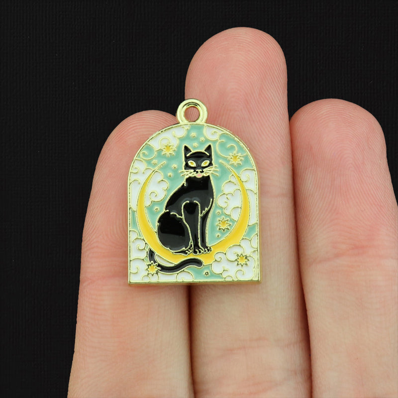 4 Black Cat Crescent Moon Gold Tone Enamel Charms - E390