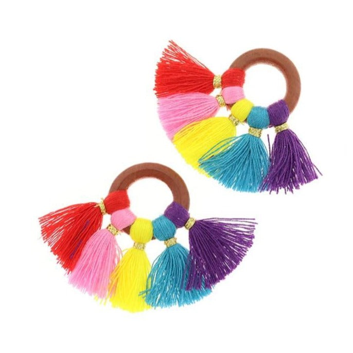 Fan Tassels - Natural Wood and Polyester - 1 Pair - Choose Your Color!