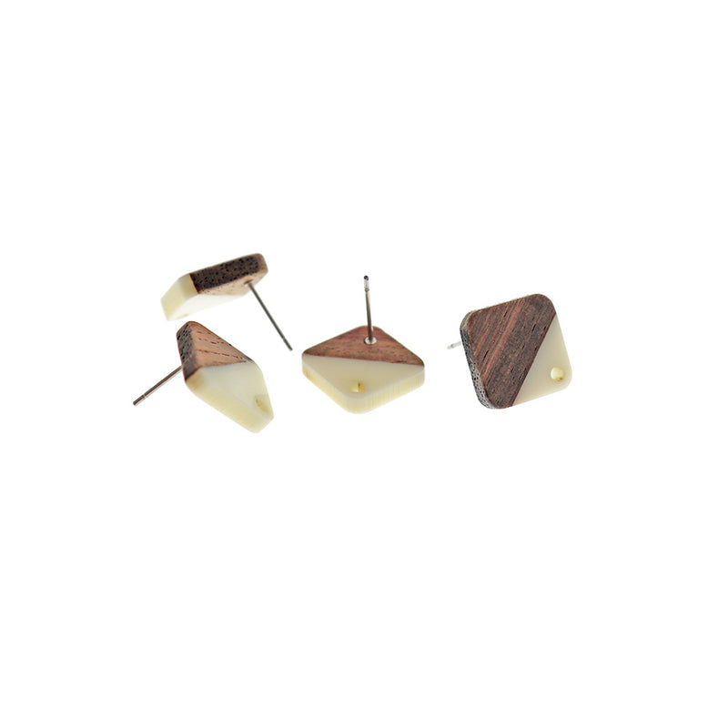 Wood Stainless Steel Earrings - Resin Rhombus Studs - 1 Pair - Choose Your Color!