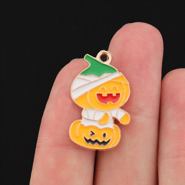 4 Pumpkin Mummy Gold Tone Enamel Charms - E043