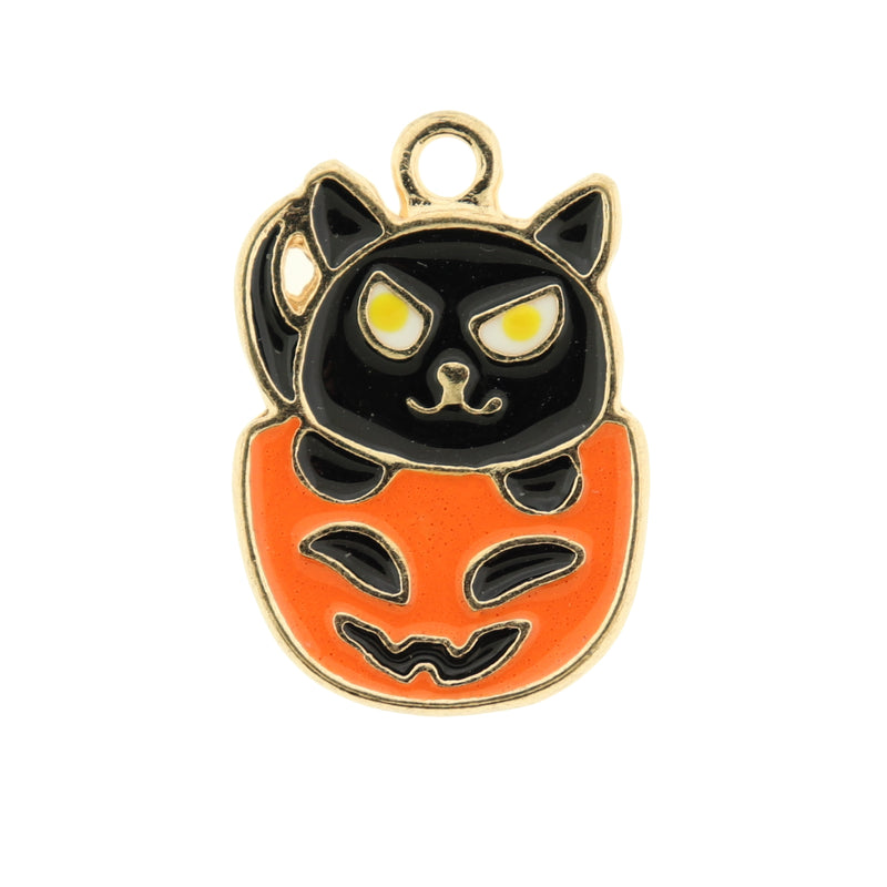 4 Black Cat in Pumpkin Gold Tone Enamel Charms - E141