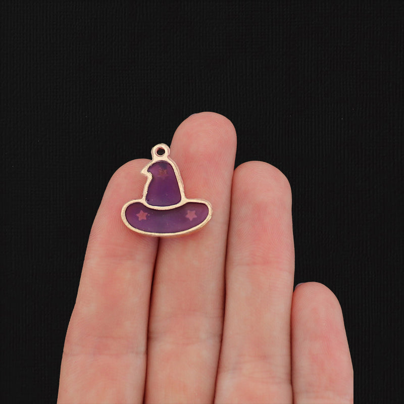 4 Purple Witch Hat Gold Enamel Charms - E095