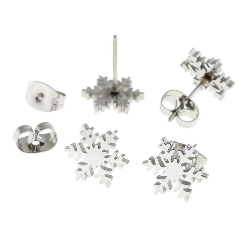 Stainless Steel Earrings - Snowflake Studs - 10mm - 1 Pair - Choose Your Tone!