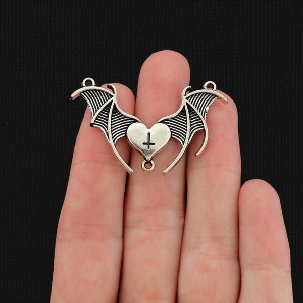 4 Bat Wing Cross Heart Antique Silver Tone Connector Charms - SC042