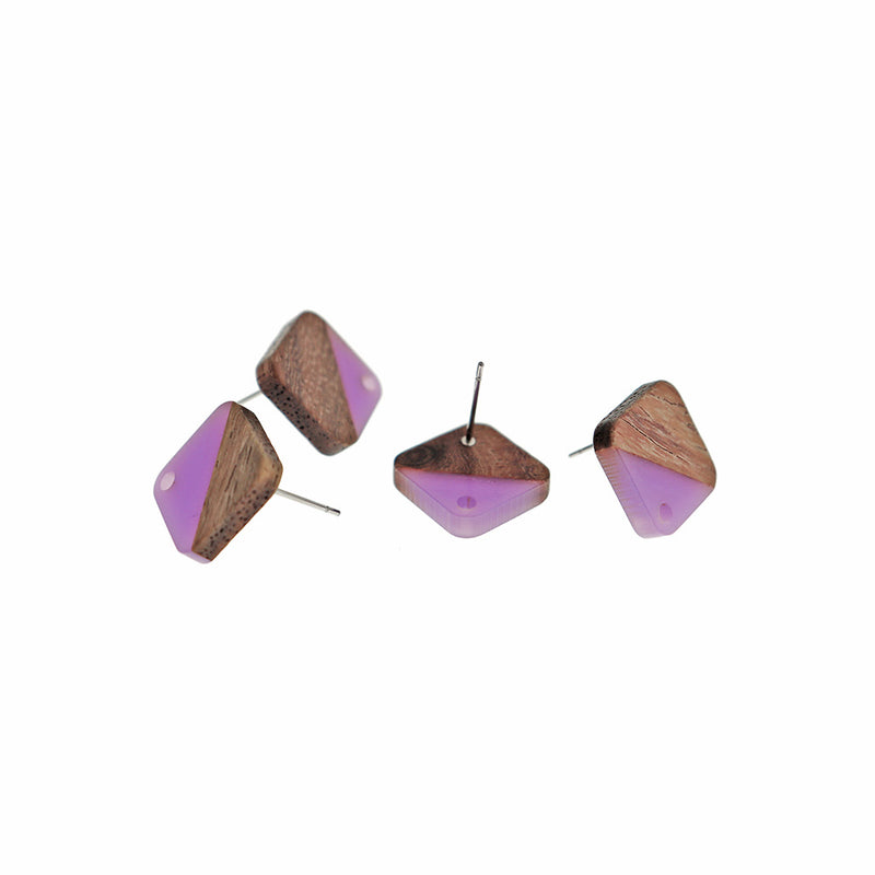 Wood Stainless Steel Earrings - Resin Rhombus Studs - 1 Pair - Choose Your Color!