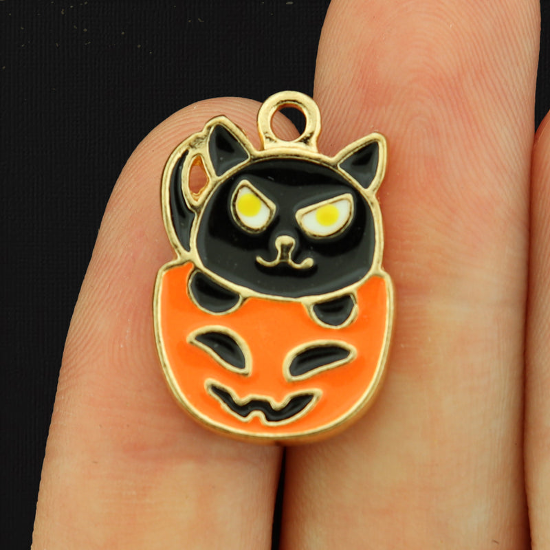 4 Black Cat in Pumpkin Gold Tone Enamel Charms - E141