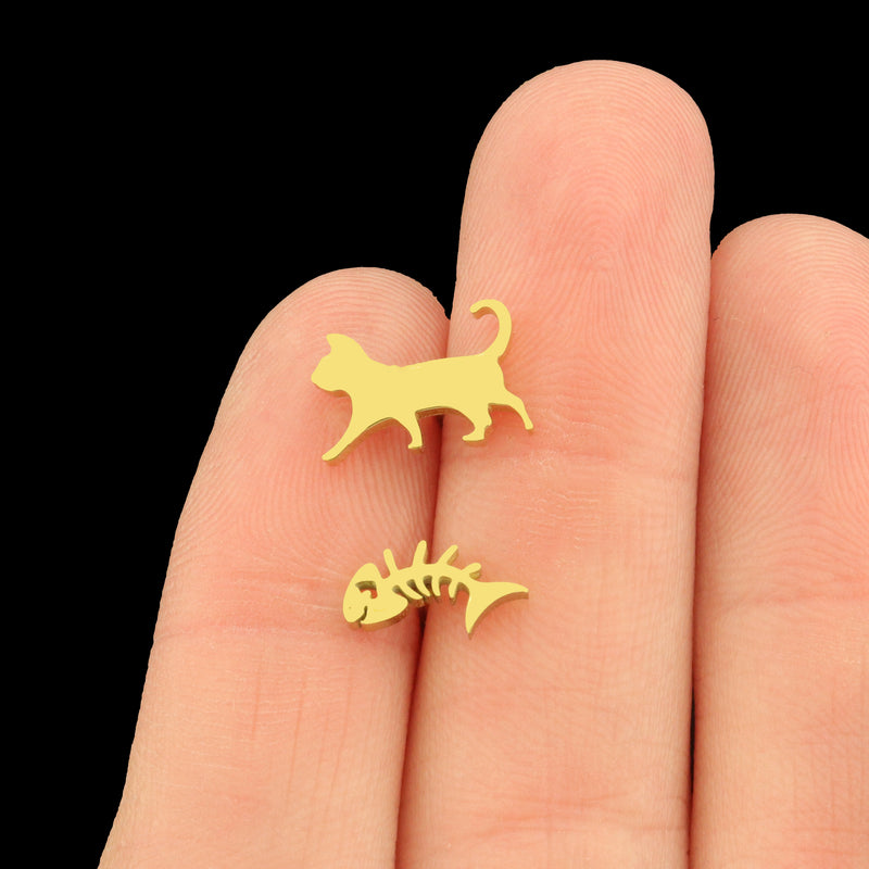 Cat and Fish Stainless Steel Earring Studs - 1 Pair - Choose Your Tone!