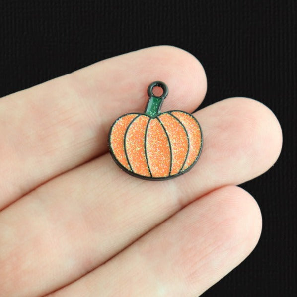 6 Orange Glitter Pumpkin Black Enamel Charms - E1588