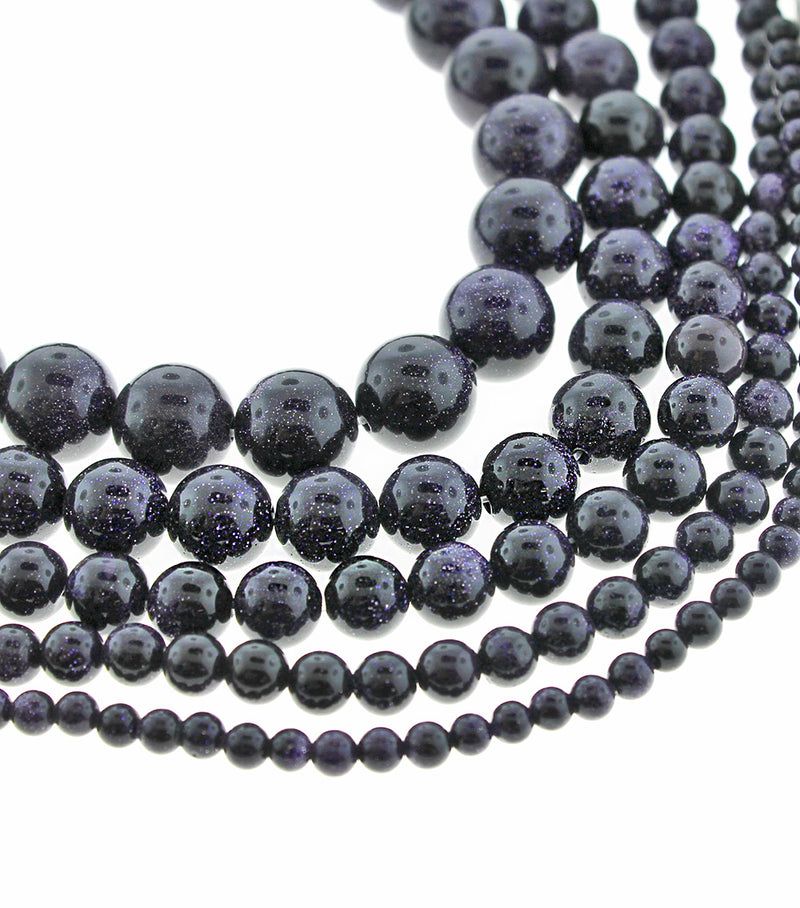 Perles rondes en pierre dorée naturelle 4 mm - 12 mm - Bleu nuit - 1 brin complet de 15,5" - BD1835